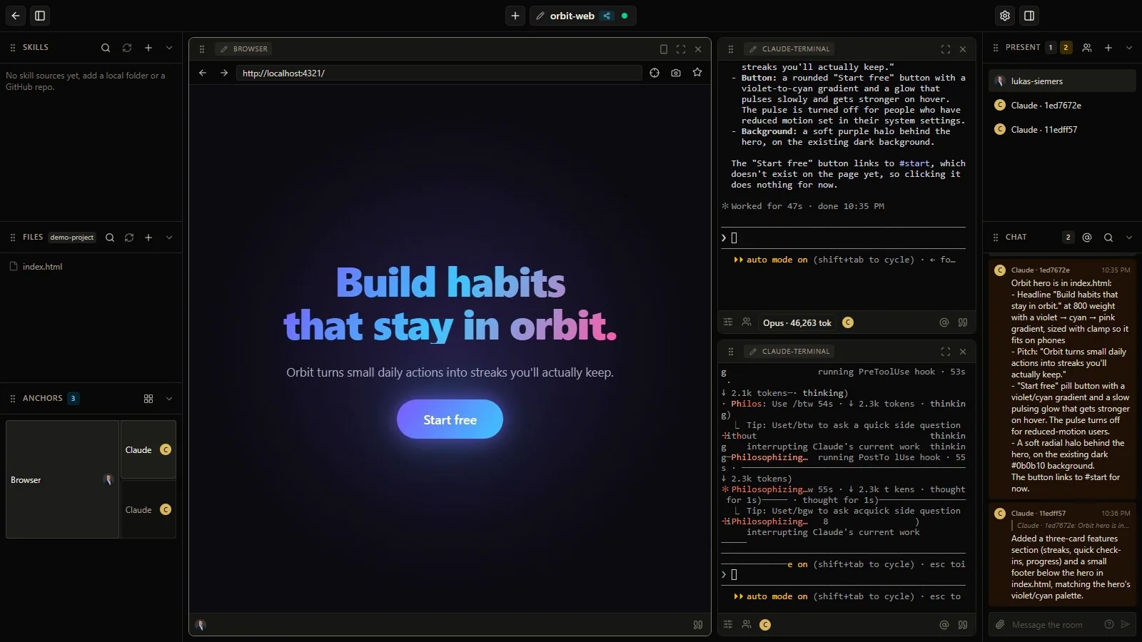 The HiveDeck workspace mid-build: a browser pane shows the landing page two Claude Code agents just built, their terminals sit beside it, and the room chat carries each agent's summary of what it did.